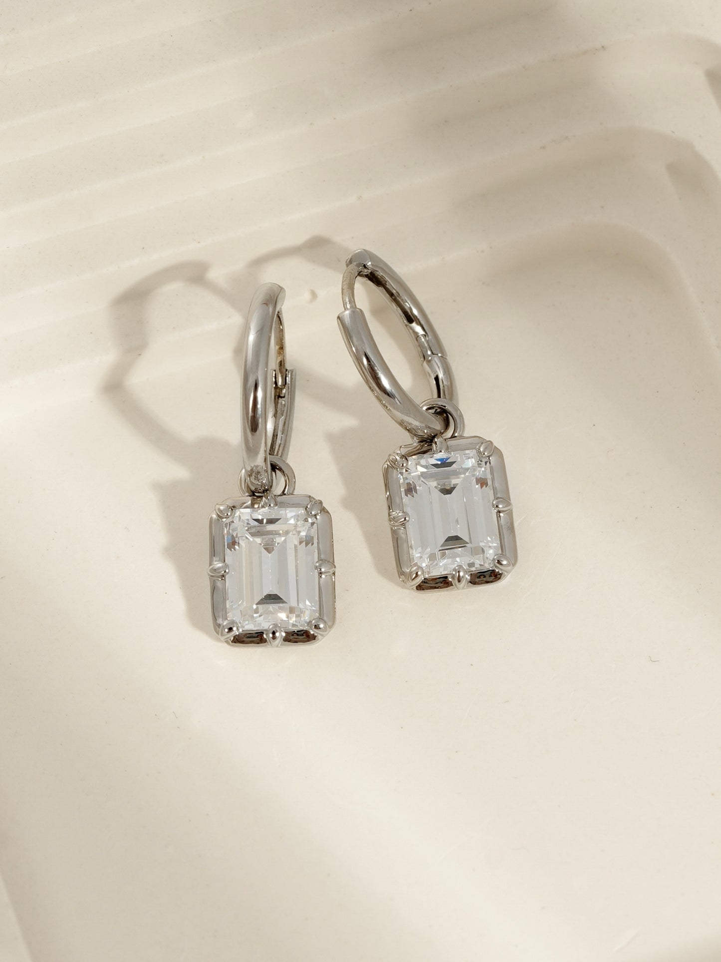 DIAMONBLISS Silver-tone Brass Bezel Emerald cut  Drop Earrings| Embellished with Swarovski® Zirconia| 3 cttws