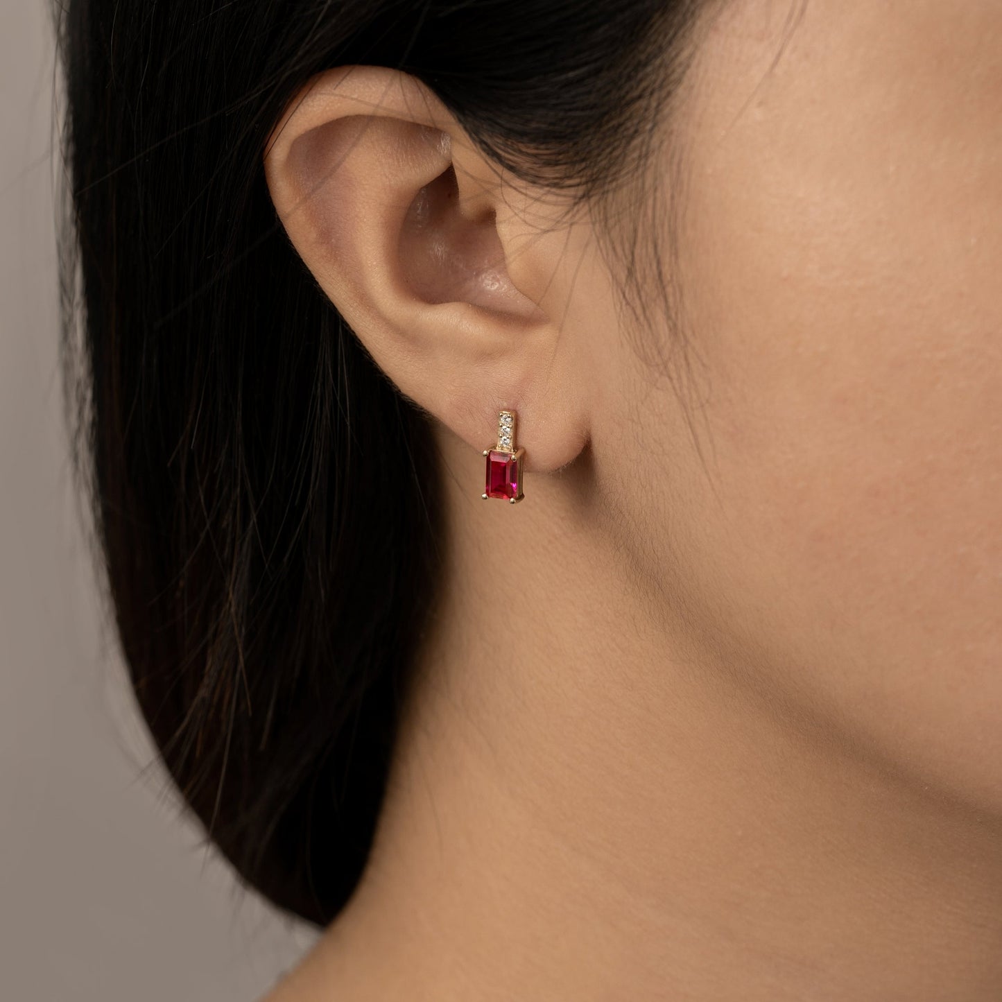 Emerald Cut Created Ruby With Lab Grown Diamond Accent Vertical Bar Drop Earrings