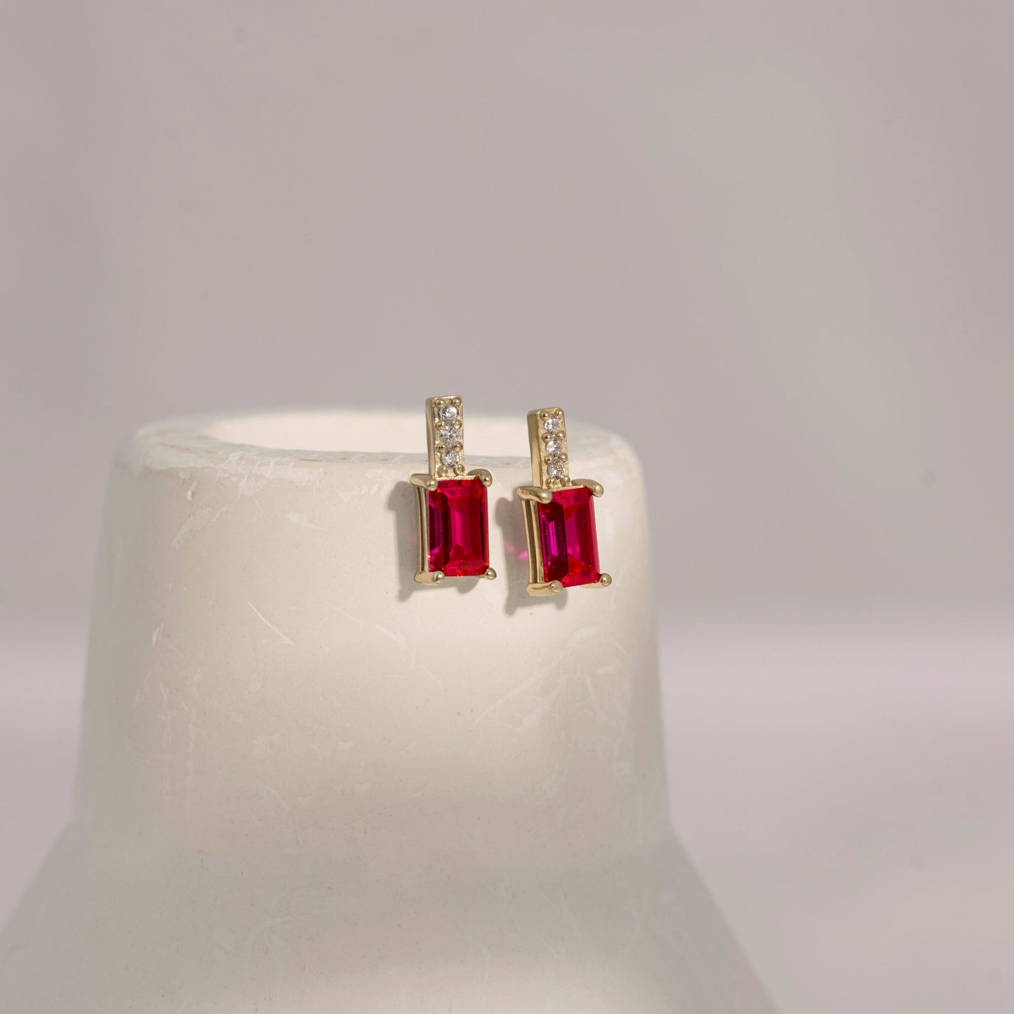 Emerald Cut Created Ruby With Lab Grown Diamond Accent Vertical Bar Drop Earrings
