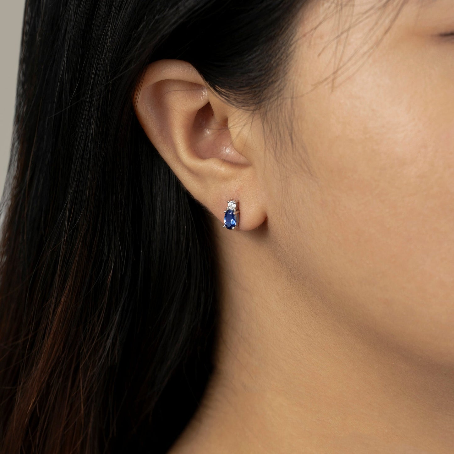 Oval Cut Created Sapphire And Lab Grown Diamond Two Stones Stud Earrings