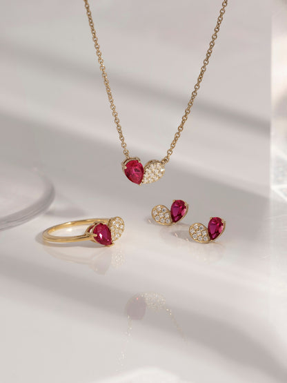 Pear Cut Created Ruby And Pave Lab Grown Diamond Heart Shaped Ring