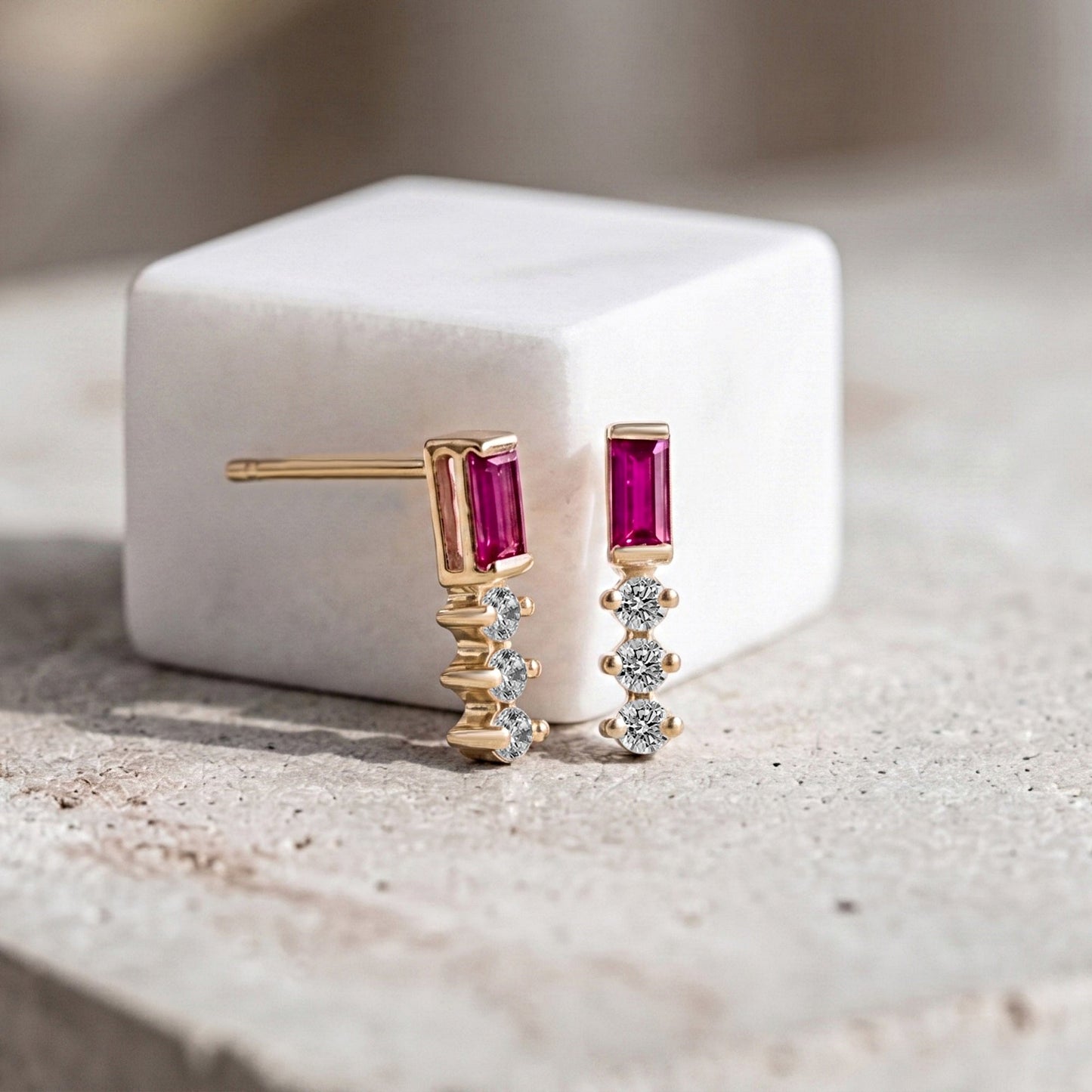 Baguette Cut Created Ruby With Round Lab Grown Diamond Accent Bar Stud Earrings
