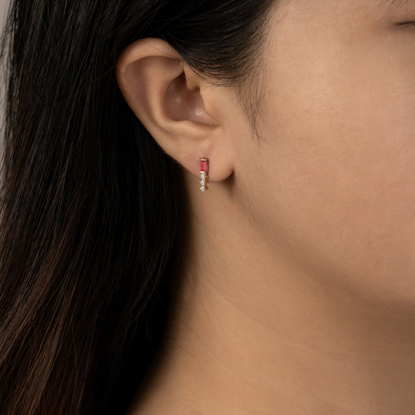 Baguette Cut Created Ruby With Round Lab Grown Diamond Accent Bar Stud Earrings
