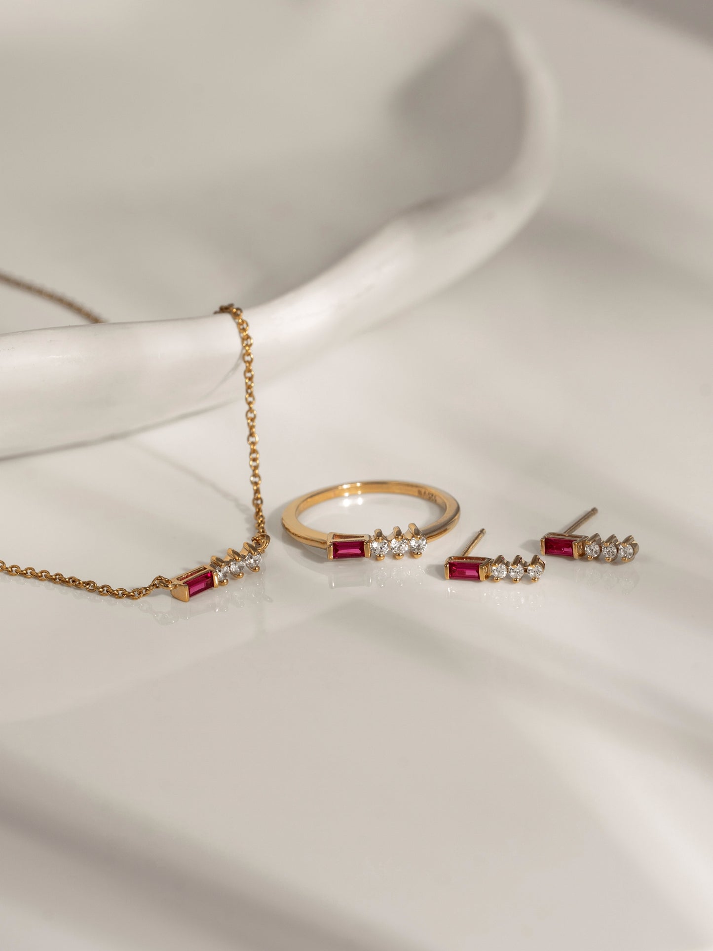 Baguette Cut Created Ruby With Round Lab Grown Diamond Accent Bar Ring
