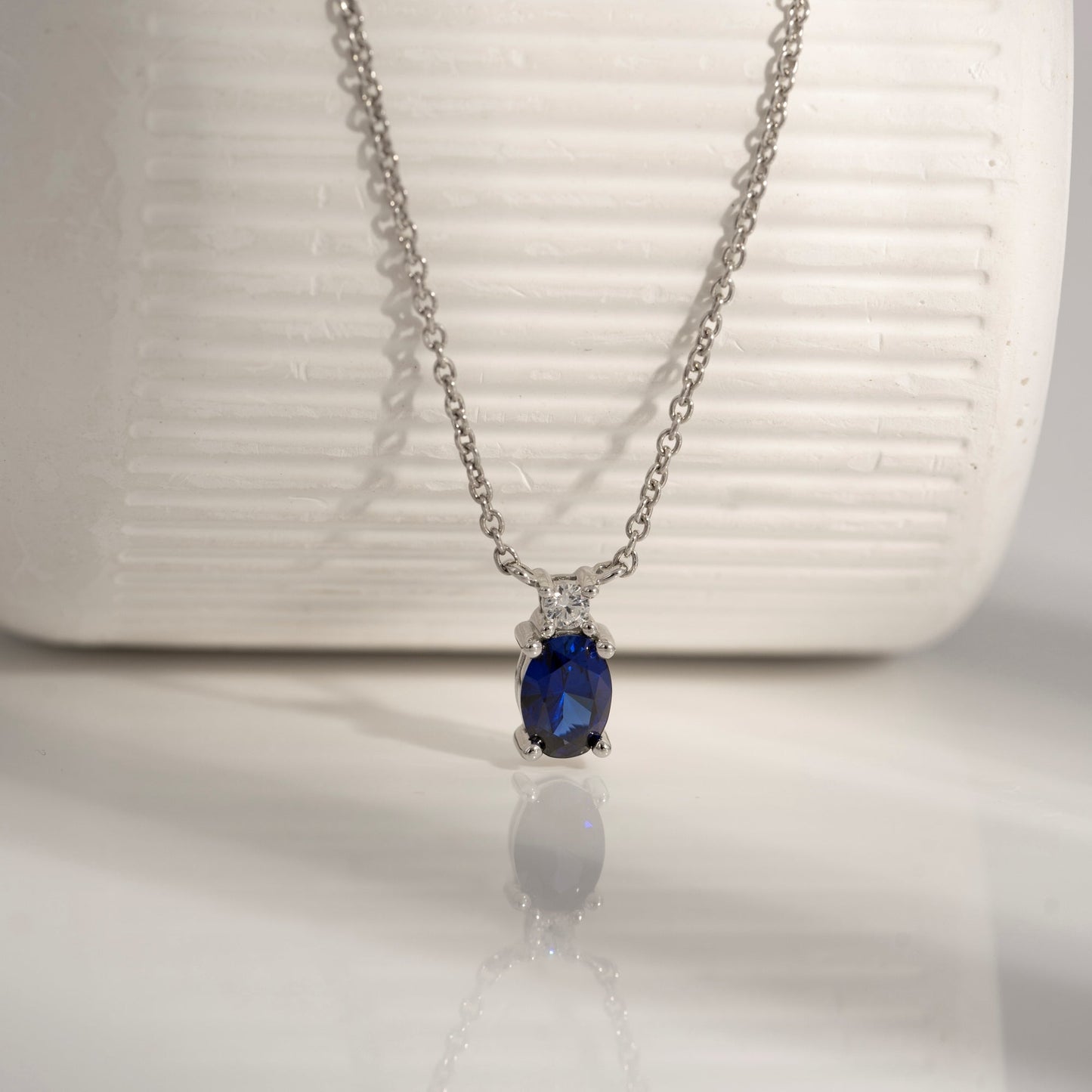 Oval Cut Created Sapphire And Lab Grown Diamond Two Stones Pendant Necklace