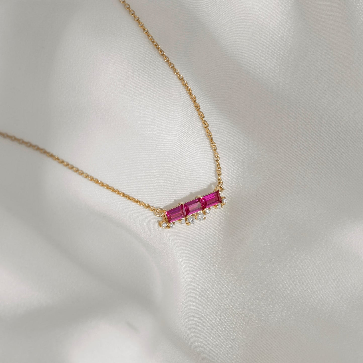 Baguette Cut Created Ruby With Floating Lab Grown Diamond Bar Pendant Necklace
