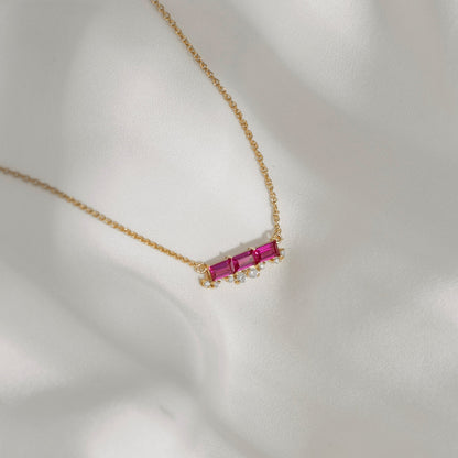 Baguette Cut Created Ruby With Floating Lab Grown Diamond Bar Pendant Necklace