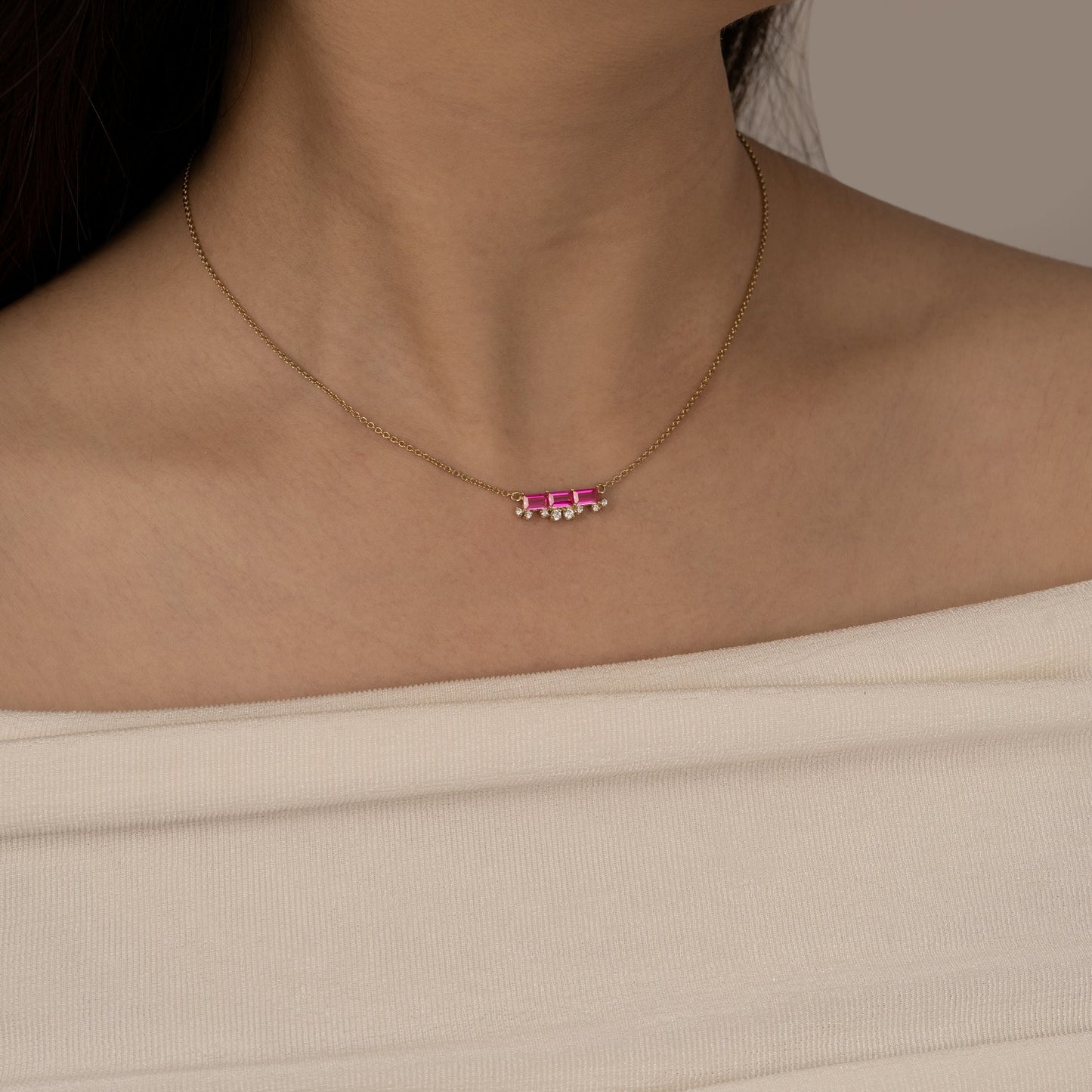 Baguette Cut Created Ruby With Floating Lab Grown Diamond Bar Pendant Necklace