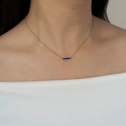 Baguette Cut Created Sapphire With Lab Grown Diamond Accent Bar Pendant Necklace