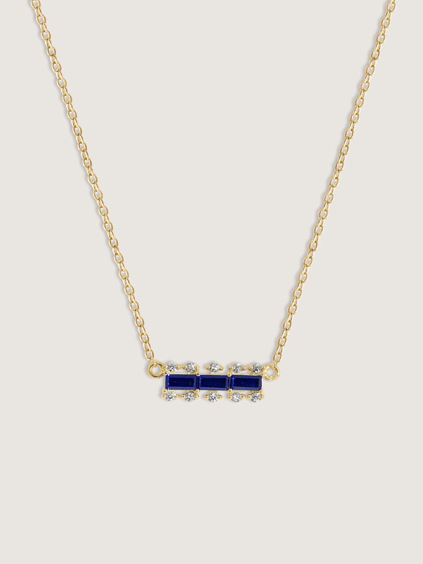 Baguette Cut Created Sapphire With Lab Grown Diamond Accent Bar Pendant Necklace