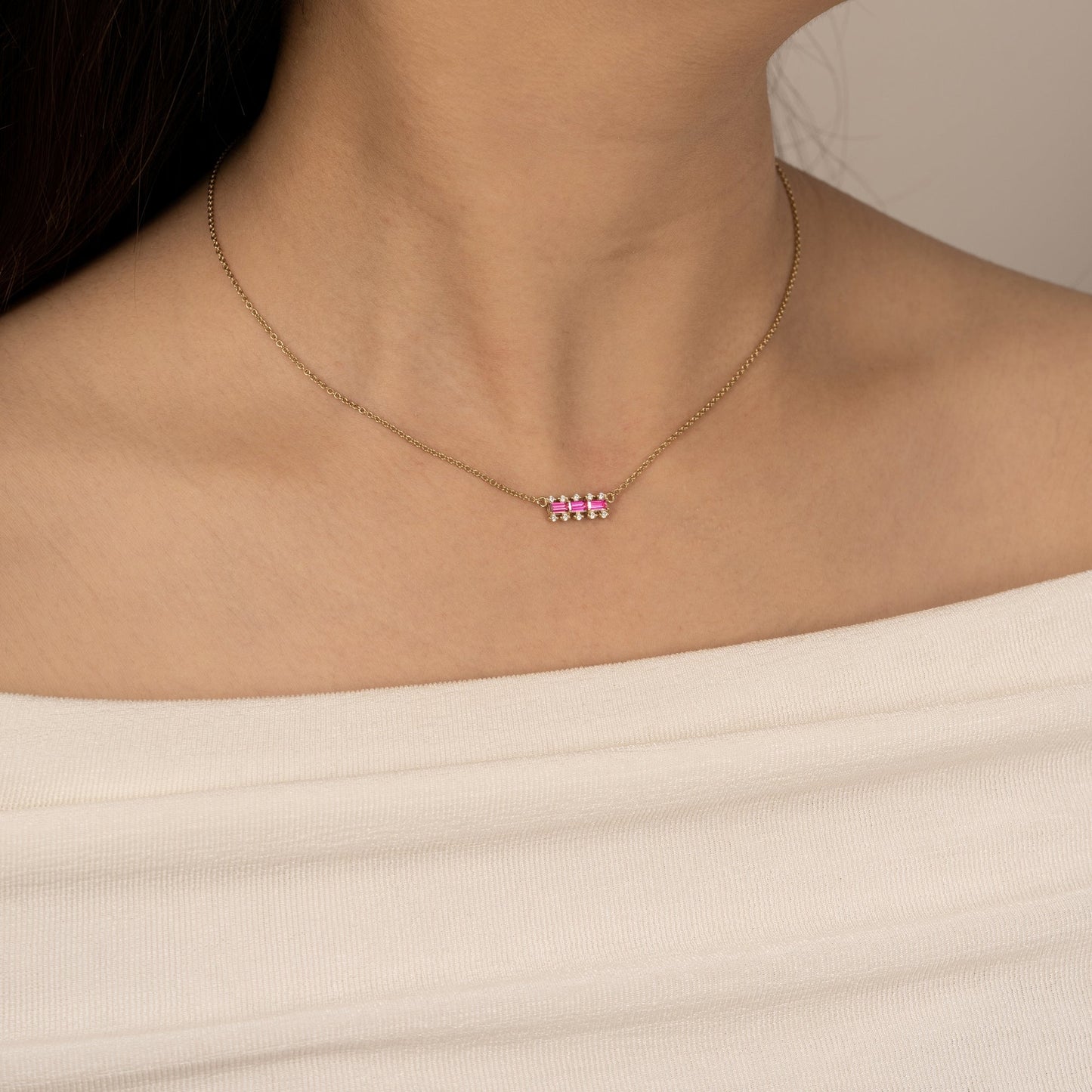 Baguette Cut Created Ruby With Lab Grown Diamond Accent Bar Pendant Necklace
