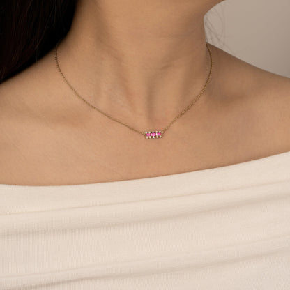 Baguette Cut Created Ruby With Lab Grown Diamond Accent Bar Pendant Necklace