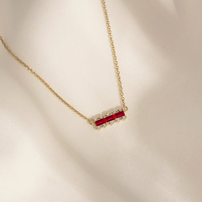 Baguette Cut Created Ruby With Lab Grown Diamond Accent Bar Pendant Necklace