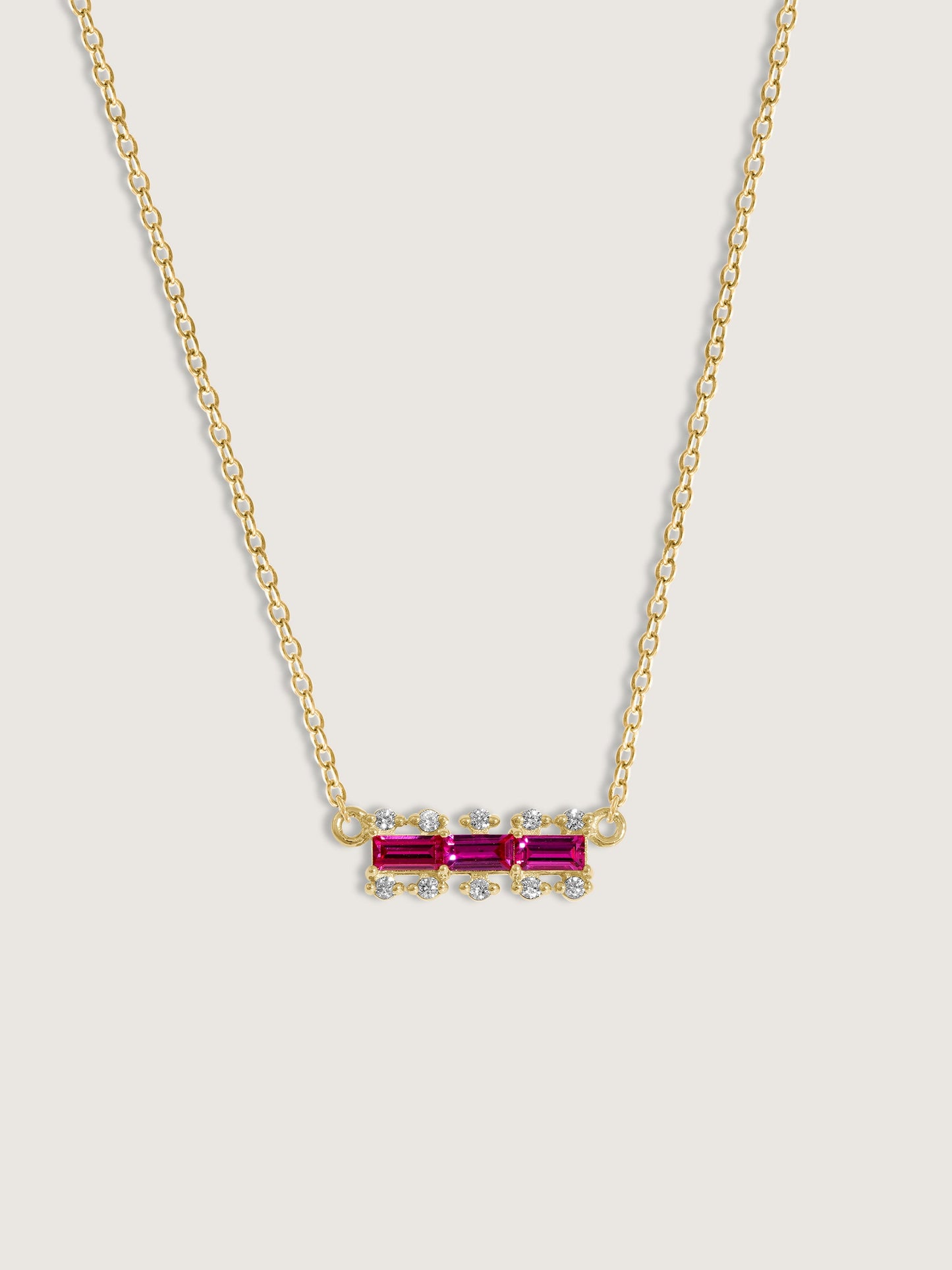 Baguette Cut Created Ruby With Lab Grown Diamond Accent Bar Pendant Necklace