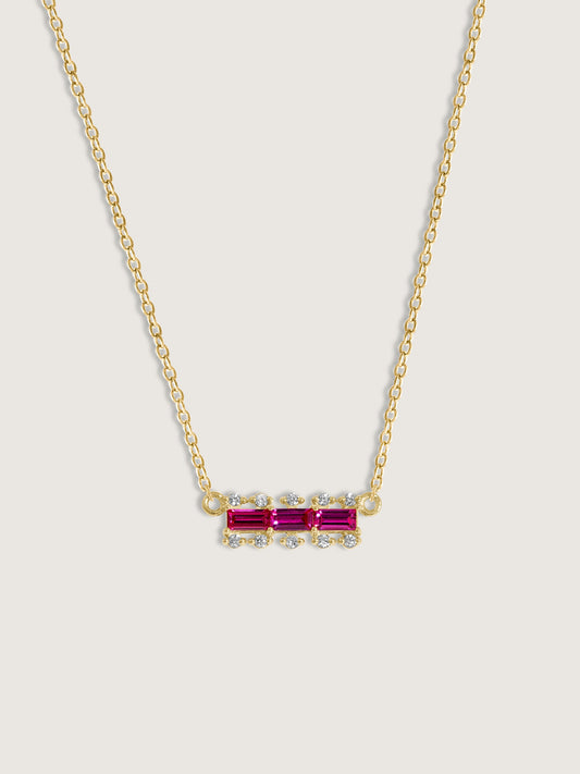 Baguette Cut Created Ruby With Lab Grown Diamond Accent Bar Pendant Necklace