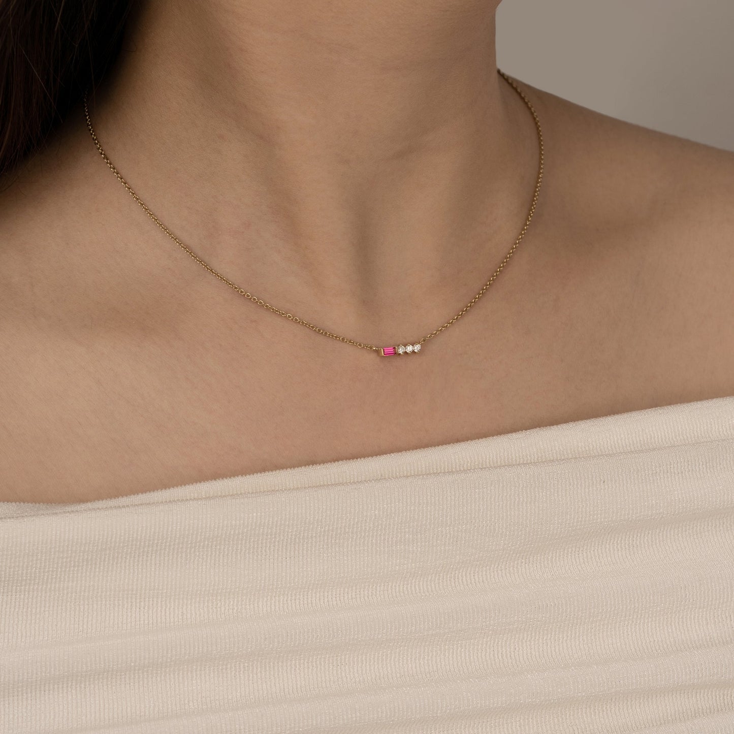 Baguette Cut Created Ruby With Round Lab Grown Diamond Accent Bar Pendant Necklace