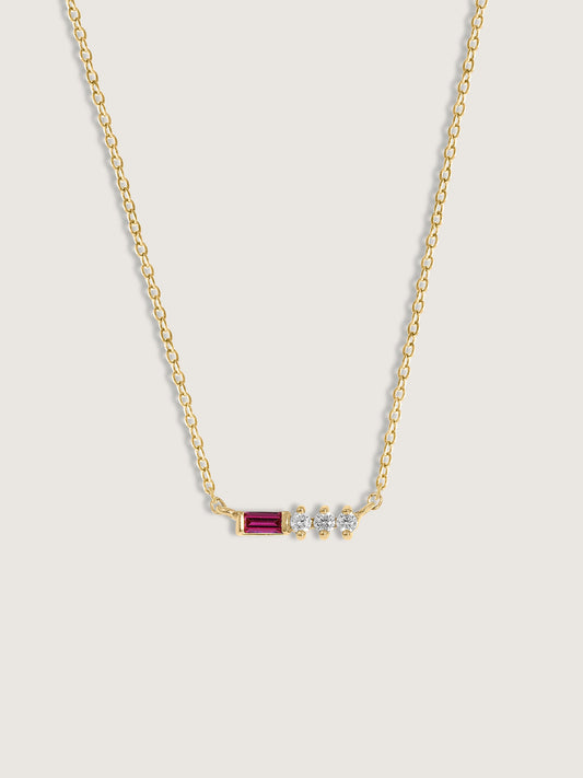 Baguette Cut Created Ruby With Round Lab Grown Diamond Accent Bar Pendant Necklace
