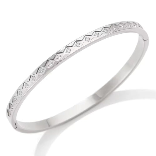 Aquabliss Silver-Tone Stainless Steel Cubic Zirconia Geometric Hinged Bangle Bracelet