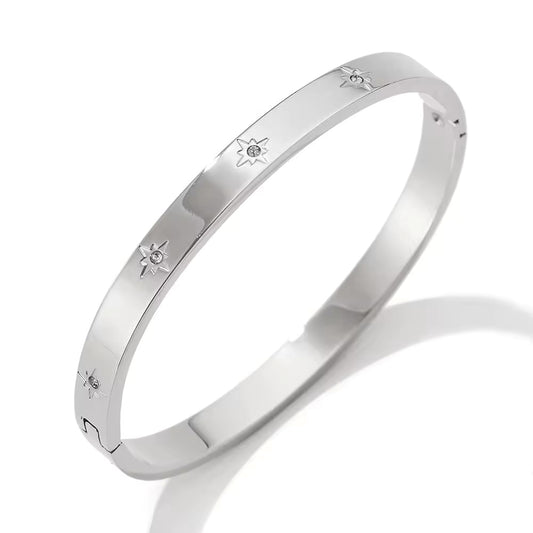 Aquabliss Silver-Tone Stainless Steel Celestial Star Cubic Zirconia Hinged Bangle Bracelet