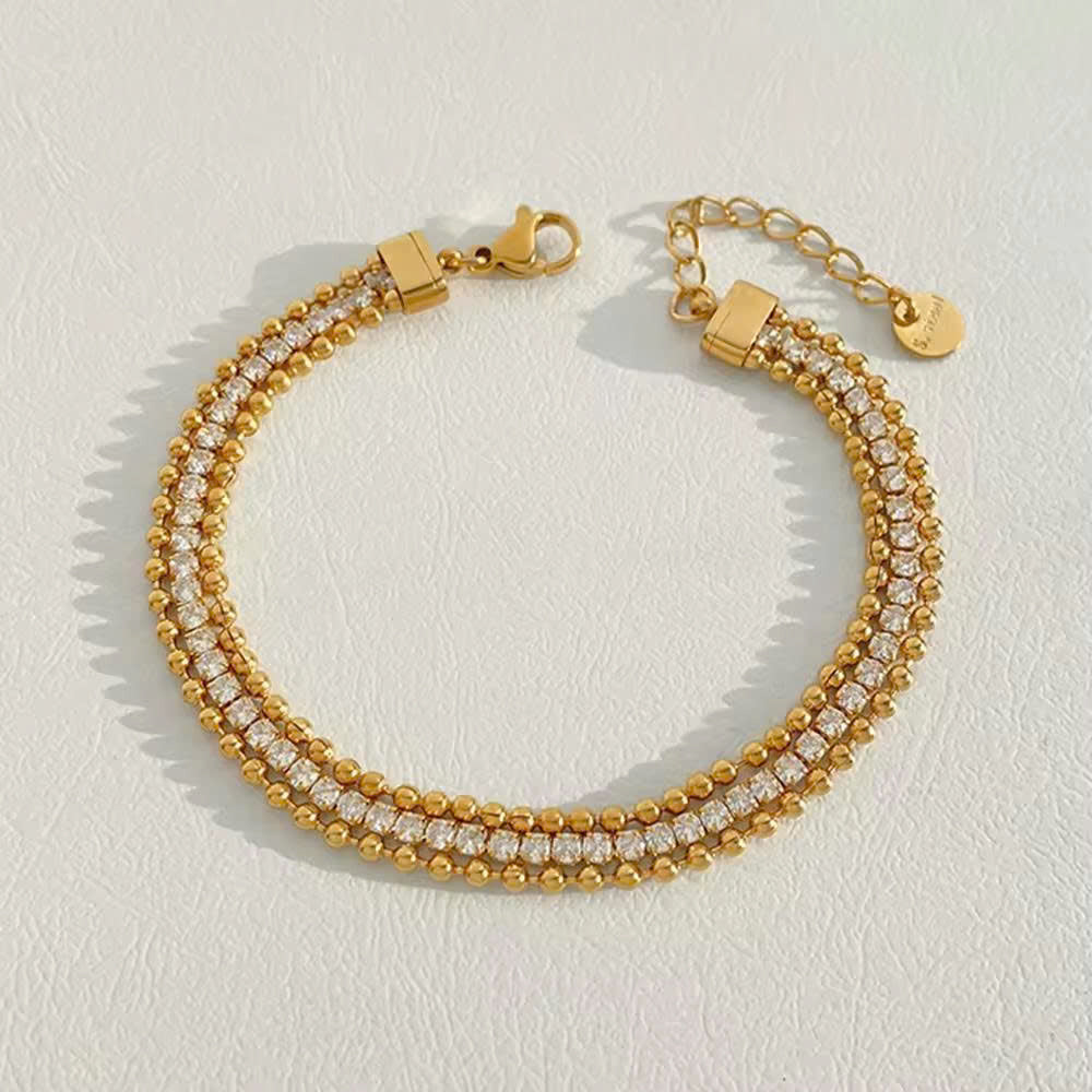 Aquabliss Gold-Tone Stainless Steel 3-Row Bead and Cubic Zirconia Tennis Bracelet