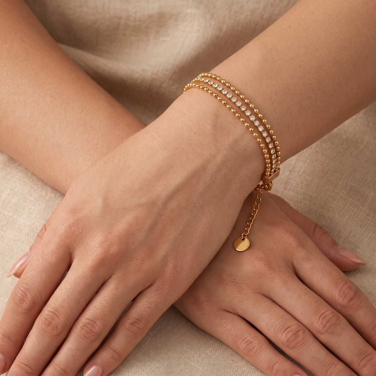 Aquabliss Gold-Tone Stainless Steel 3-Row Bead and Cubic Zirconia Tennis Bracelet
