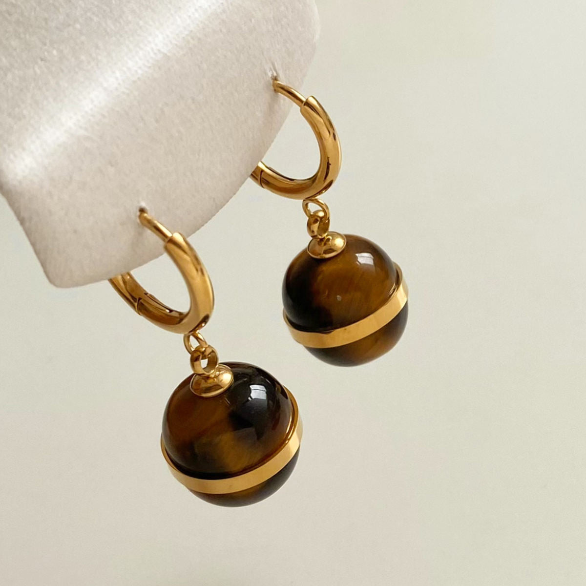 Aquabliss Dainty Gold-Tone Stainless Steel Amber Sphere Huggie Drop Earrings