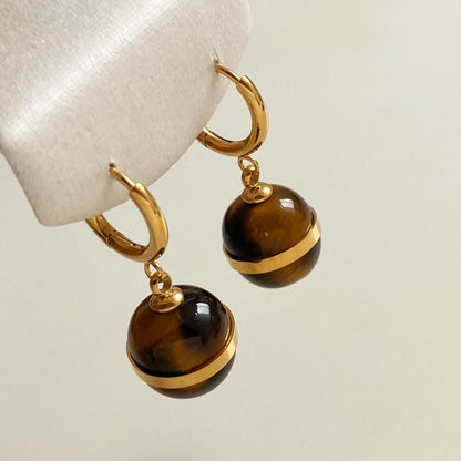 Aquabliss Dainty Gold-Tone Stainless Steel Amber Sphere Huggie Drop Earrings