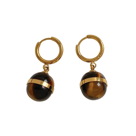 Aquabliss Dainty Gold-Tone Stainless Steel Amber Sphere Huggie Drop Earrings
