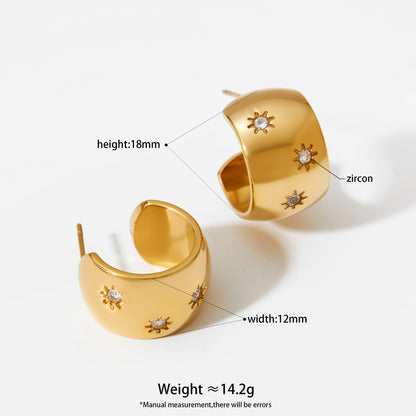 Aquabliss Chunky Gold-Tone Stainless Steel Starburst Cubic Zirconia Wide C Hoop Earrings