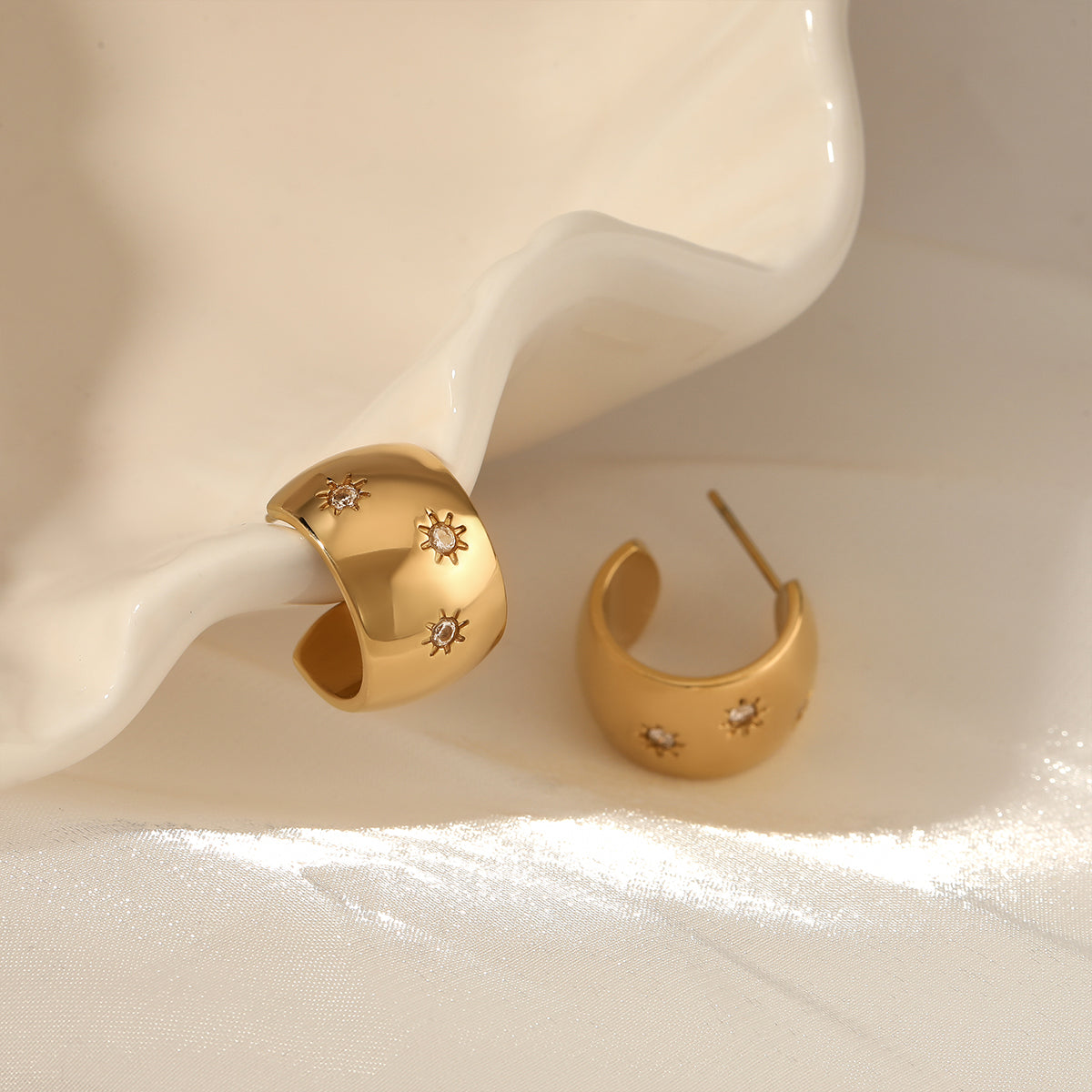 Aquabliss Chunky Gold-Tone Stainless Steel Starburst Cubic Zirconia Wide C Hoop Earrings