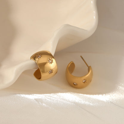 Aquabliss Chunky Gold-Tone Stainless Steel Starburst Cubic Zirconia Wide C Hoop Earrings