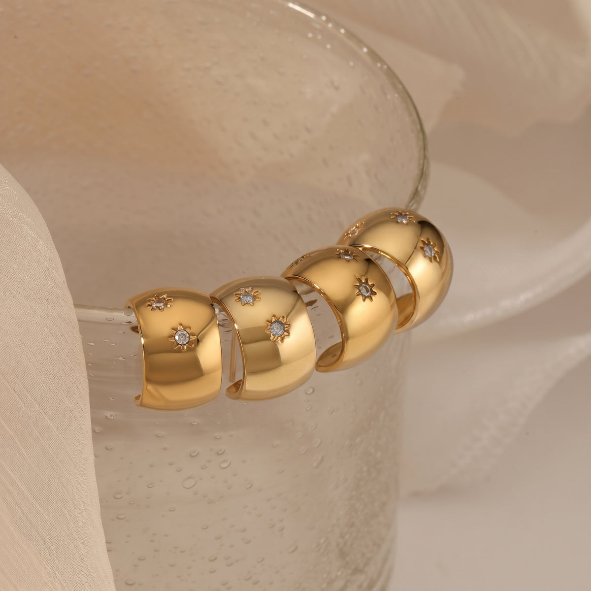 Aquabliss Chunky Gold-Tone Stainless Steel Starburst Cubic Zirconia Wide C Hoop Earrings
