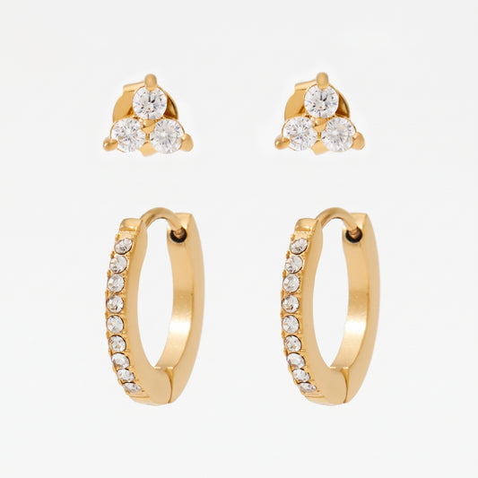 Aquabliss Gold-Tone Stainless Steel Cubic Zirconia Huggie Hoop and Stud Earring Set