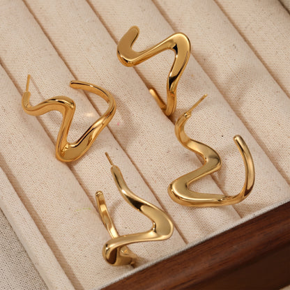 Aquabliss Chunky Gold-Tone Stainless Steel Wavy Open Hoop Earrings