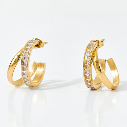 Aquabliss Gold-Tone Stainless Steel Double Band Cubic Zirconia C Hoop Earrings