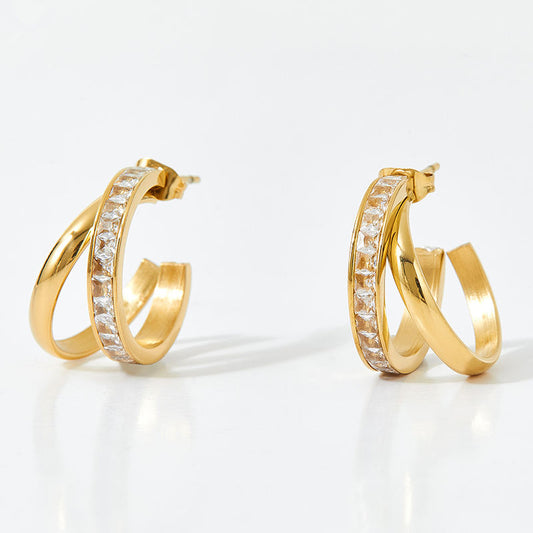 Aquabliss Gold-Tone Stainless Steel Double Band Cubic Zirconia C Hoop Earrings