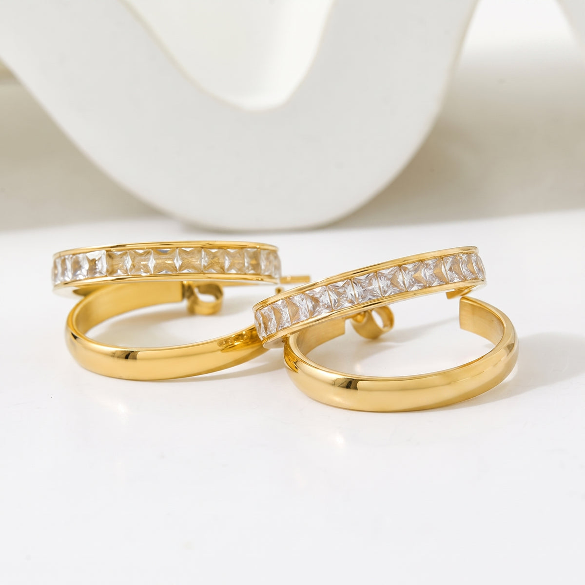 Aquabliss Gold-Tone Stainless Steel Double Band Cubic Zirconia C Hoop Earrings