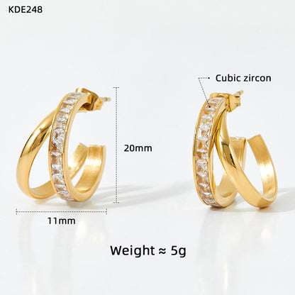 Aquabliss Gold-Tone Stainless Steel Double Band Cubic Zirconia C Hoop Earrings
