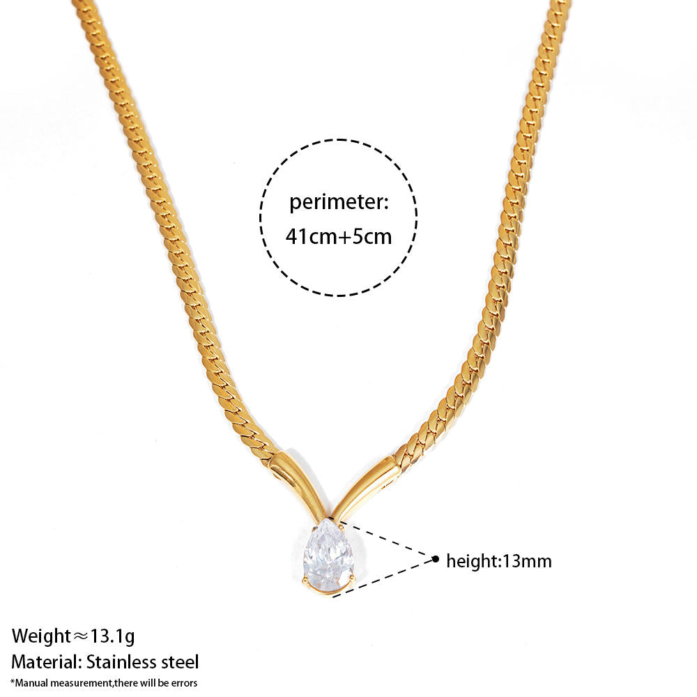 Aquabliss Gold-Tone Stainless Steel Herringbone Chain Teardrop Pendant V-Necklace