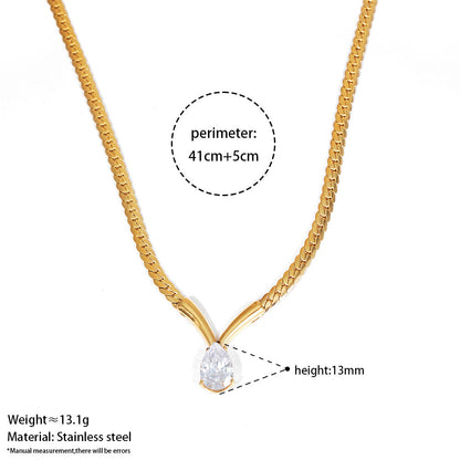 Aquabliss Gold-Tone Stainless Steel Herringbone Chain Teardrop Pendant V-Necklace