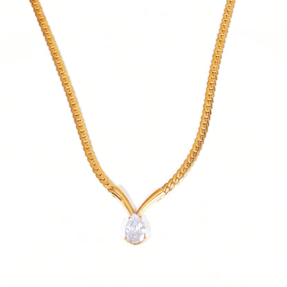 Aquabliss Gold-Tone Stainless Steel Herringbone Chain Teardrop Pendant V-Necklace
