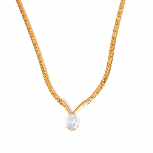 Aquabliss Gold-Tone Stainless Steel Herringbone Chain Teardrop Pendant V-Necklace