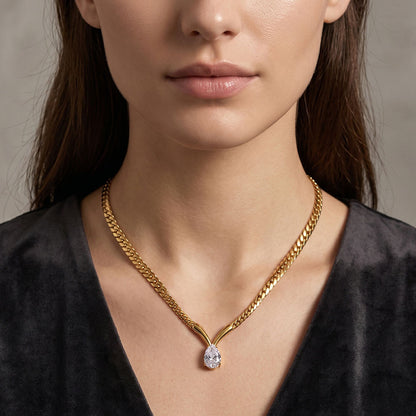 Aquabliss Gold-Tone Stainless Steel Herringbone Chain Teardrop Pendant V-Necklace