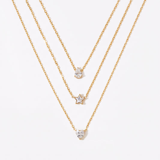 Aquabliss Triple Layer Gold-Tone Stainless Steel Necklace with Teardrop, Star, and Heart Pendants