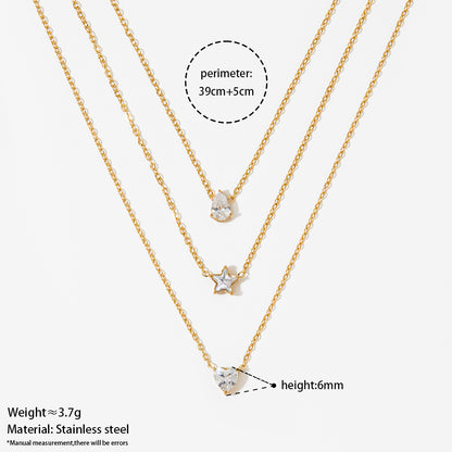 Aquabliss Triple Layer Gold-Tone Stainless Steel Necklace with Teardrop, Star, and Heart Pendants