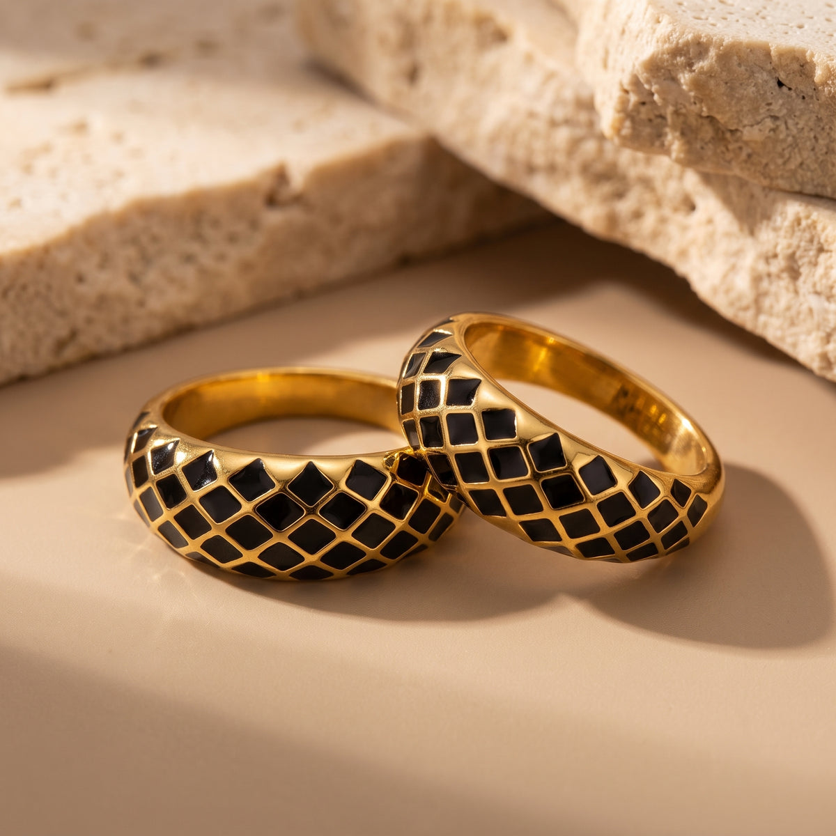 Aquabliss Chunky Gold-Tone Stainless Steel Lattice Black Enamel Dome Ring