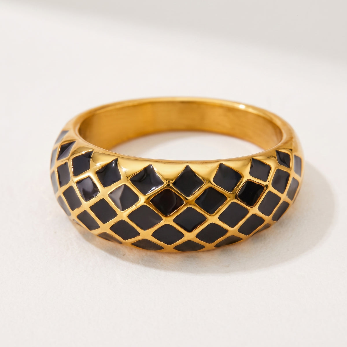 Aquabliss Chunky Gold-Tone Stainless Steel Lattice Black Enamel Dome Ring