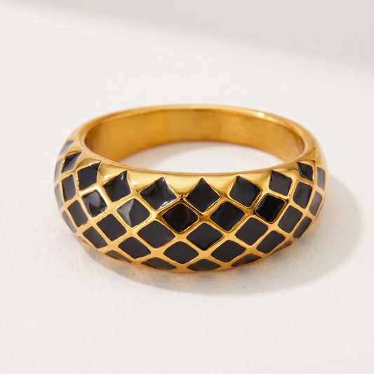 Aquabliss Chunky Gold-Tone Stainless Steel Lattice Black Enamel Dome Ring