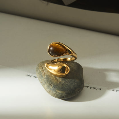 Aquabliss Gold-Tone Stainless Steel Tiger Eye Open Ring