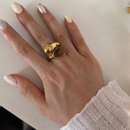 Aquabliss Gold-Tone Stainless Steel Tiger Eye Open Ring